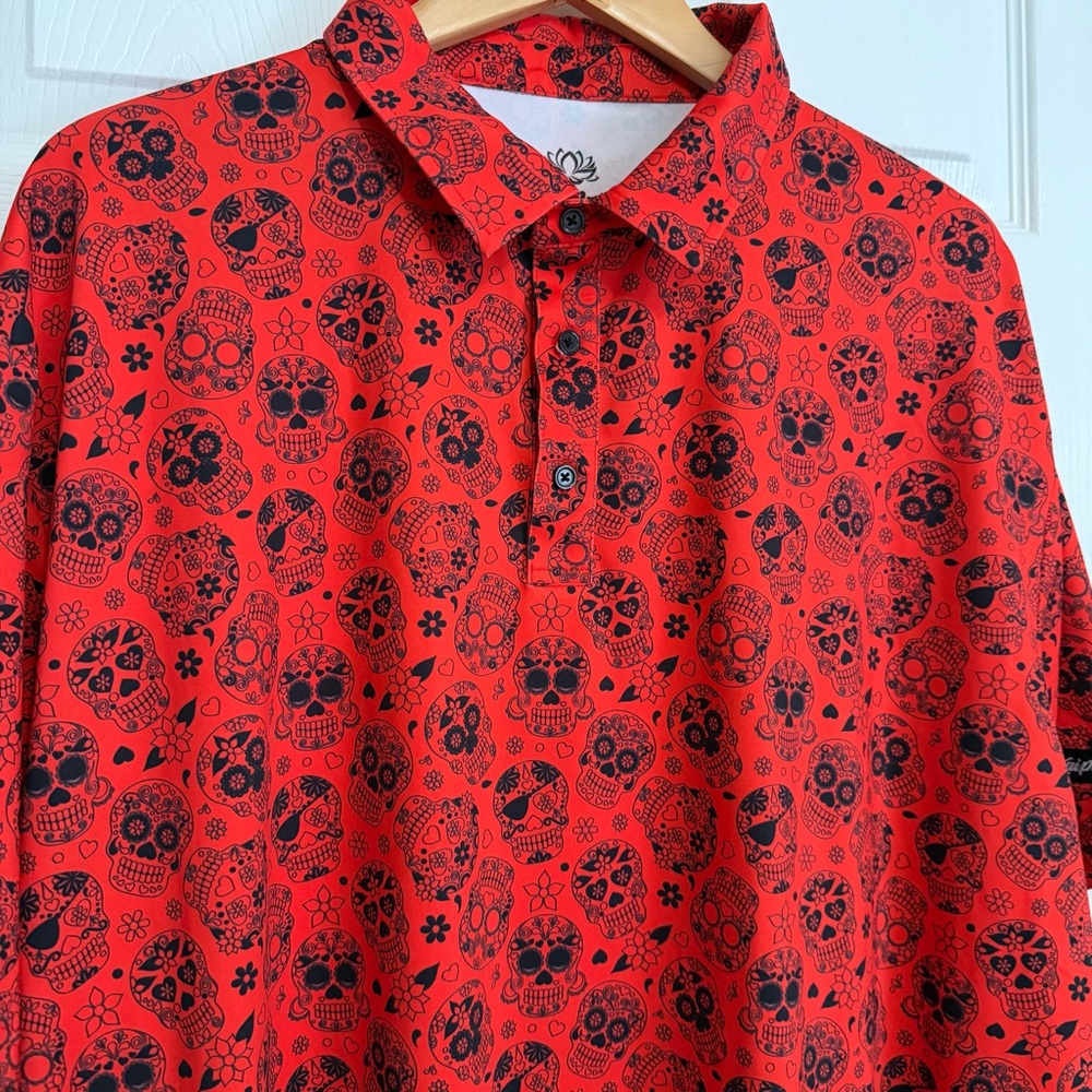 KaiPar Polo Shirt Mens 3XL Red Skull Print Stretch Golf Performance Halloween - Picture 2 of 9